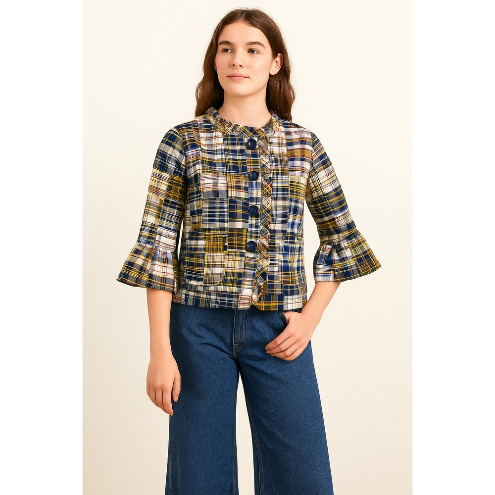 J Crew Madras Plaid Patchwork Blazer Jacket Ruffl… - image 1
